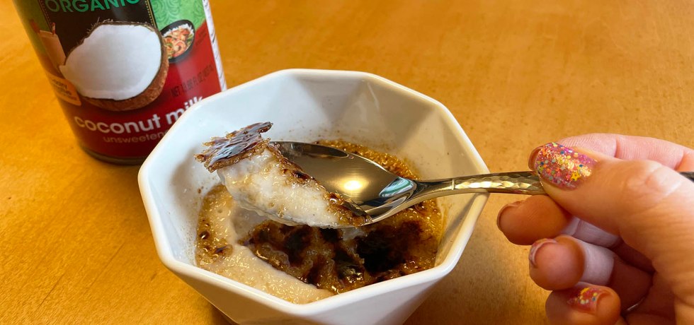vegan coconut creme brulee with a can of coconut milk